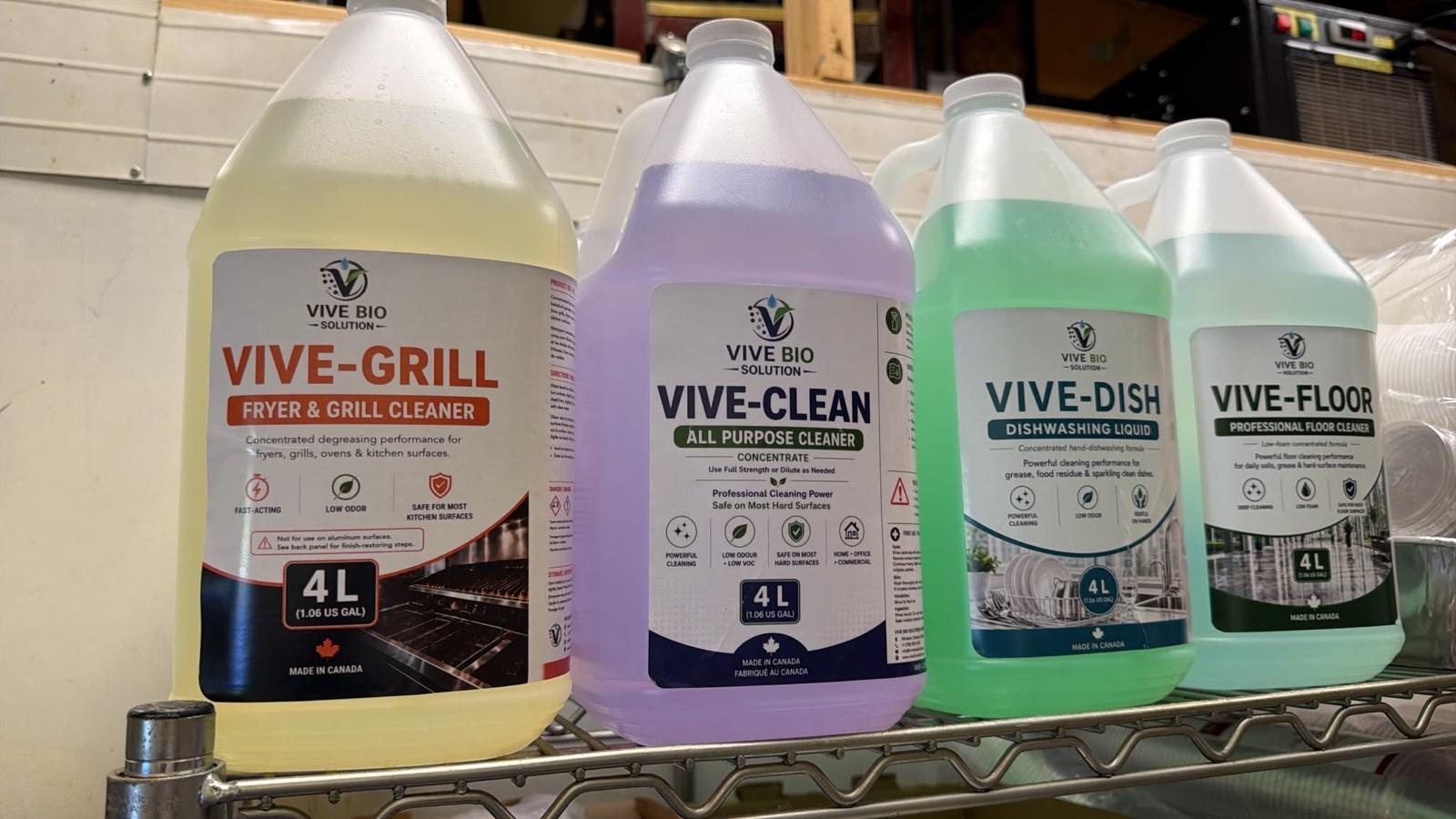 VIVE-GRILL, VIVE-CLEAN, VIVE-DISH and VIVE-FLOOR 4 L cleaning products prepared in Windsor, Ontario